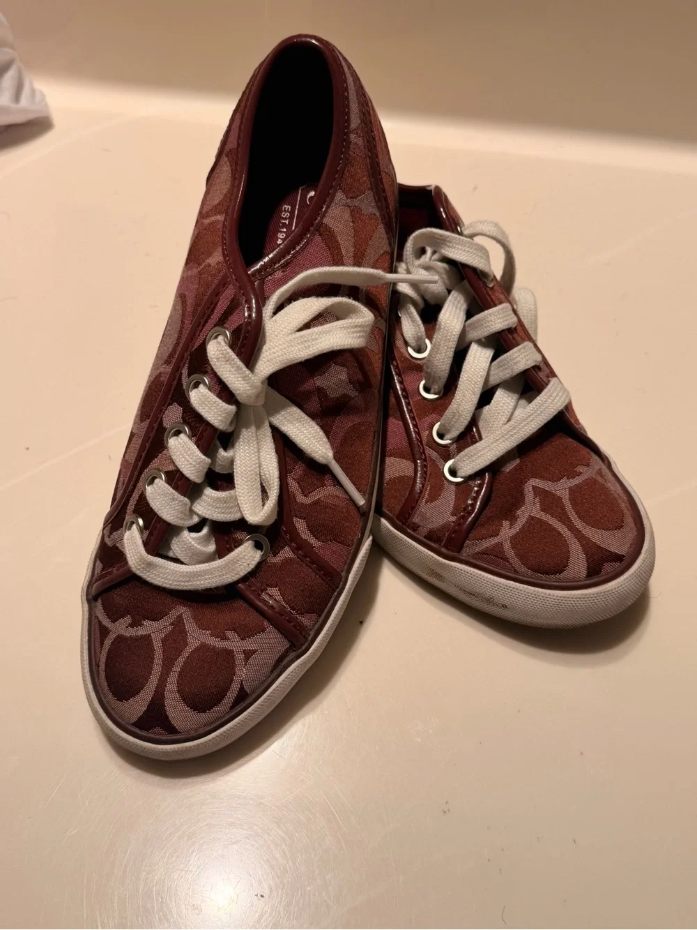 Coach Women's Burgundy Signature Canvas Sneakers with White Laces